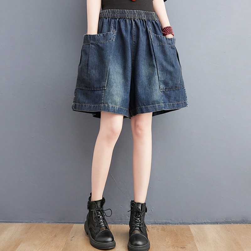 Women Summer Loose Casual Jeans Shorts New Arrival 2021 Solid Color All-match Elastic Waist Female Denim Wide Leg Pa